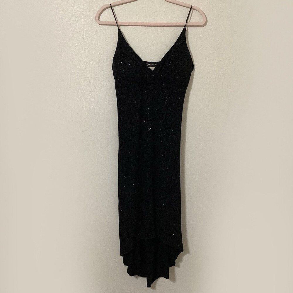 Vintage 90s Black Sparkle‎ Glam Grunge Witchy Dark Romantic Midi Slip Dress L